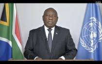 In this photo taken from video, South Africa's President Matamela Cyril Ramaphosa remotely addresses the 76th session of the United Nations General Assembly in a pre-recorded message, Thursday, Sept. 23, 2021, at UN headquarters. (UN Web TV via AP)