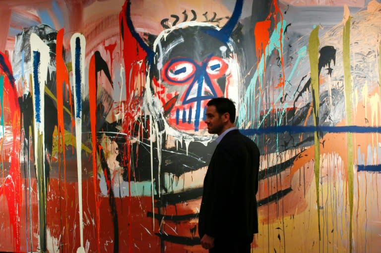 An untitled painting by Jean-Michel Basquiat pictured during a press preview for Christie's Post-War and Contemporary Art Evening Sale in New York, on April 29, 2016