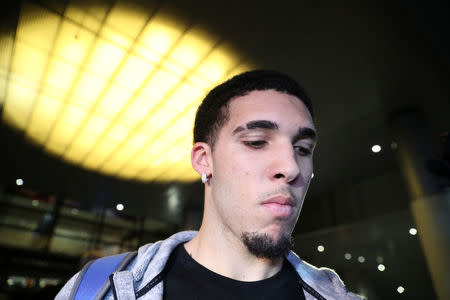 UCLA basketball players LiAngelo Ball arrives at LAX after flying back from China where he was detained on suspicion of shoplifting, in Los Angeles, California U.S. November 14, 2017. REUTERS/Lucy Nicholson