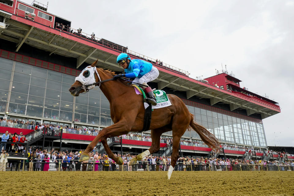 John Velazquez, atop Gun Song, wins the Black-Eyed Susan horse race at Pimlico Race Course, Friday, May 17, 2024, in Baltimore. (AP Photo/Julio Cortez)