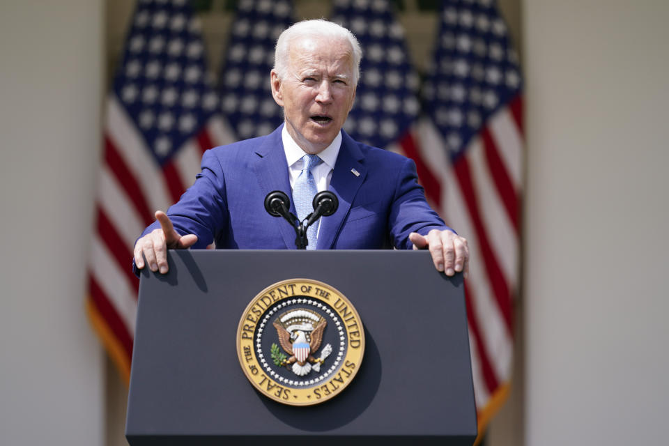 President Joe Biden speaks about gun violence prevention in the Rose Garden at the White House, Thursday, April 8, 2021, in Washington. (AP Photo/Andrew Harnik)