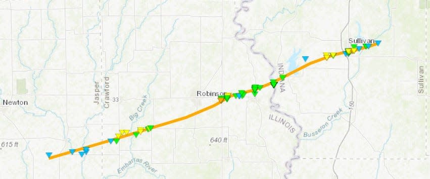 The path of a confirmed tornado during March 31, 2023 storms that struck Sillivan, Indiana.