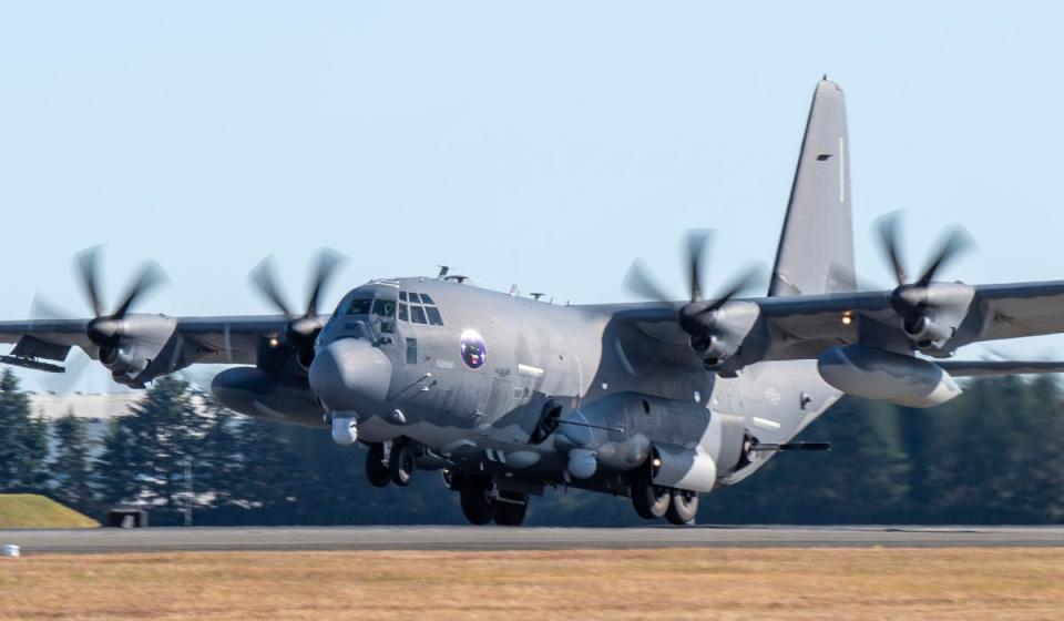 An AC-130J Ghostrider takes off at Yokota Air Base, Japan, on Nov. 16, 2022, during exercise Keen Sword 23. <em>USAF</em>