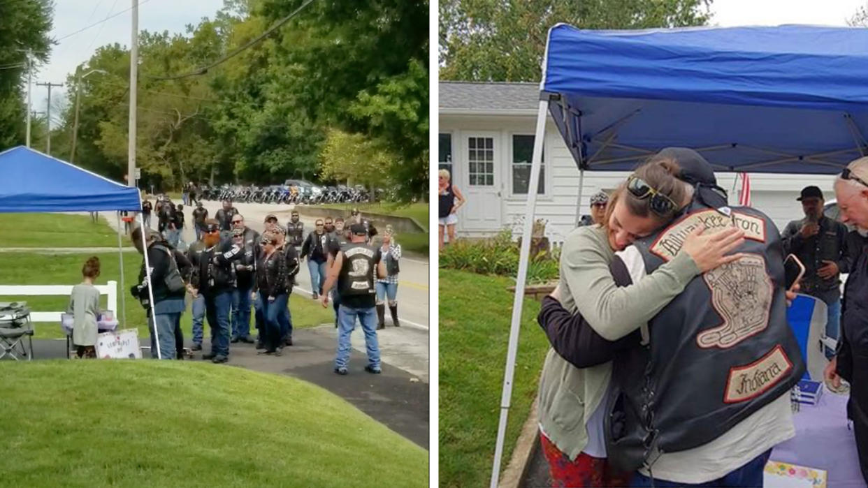 A video of a group of 30 bikers making a pitstop at a young girl's lemonade stand in Denver, Ind. has gone viral. (Credit: Daryn Sturch)