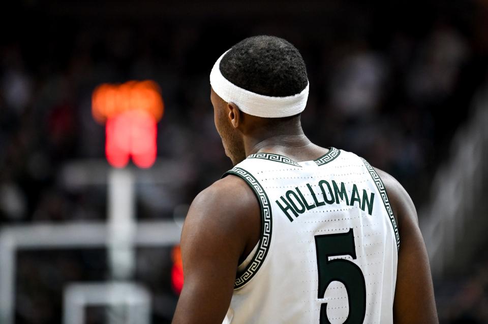 Michigan State's Tre Holloman looks on during a stoppage in the second half against Maryland on Saturday, Feb. 3, 2024, at the Breslin Center in East Lansing.