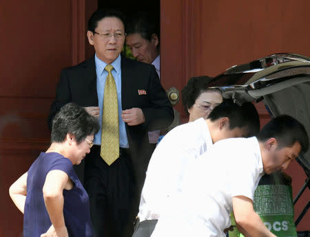 North Korean Ambassador to Malaysia Kang Chol (2nd L) leaves the embassy in Kuala Lumpur, Malaysia, in this photo taken by Kyodo March 6, 2017. Mandatory credit Kyodo/via REUTERS