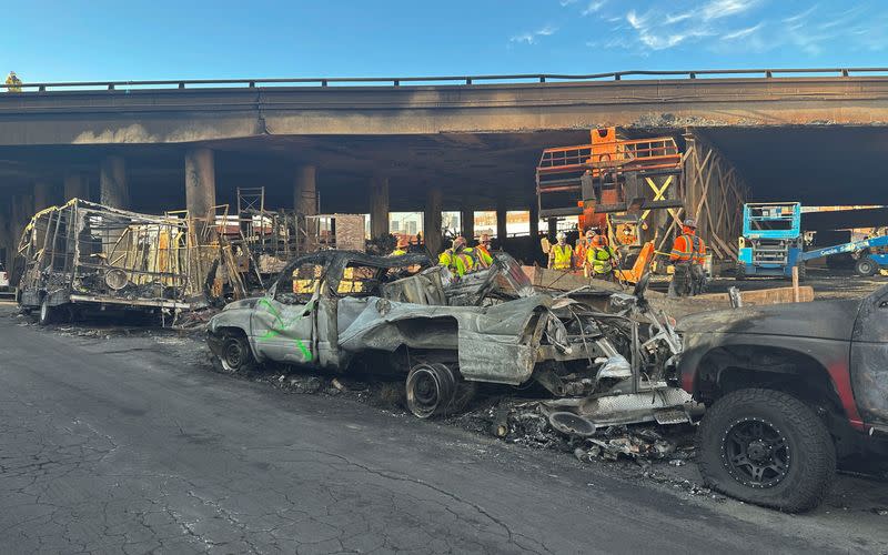 Aftermath of Interstate 10 freeway fire eruption in Los Angeles