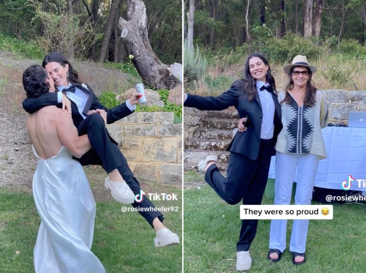 Rosie Joyce and her husband Justin recreated her parents wedding outfit swap tradition.