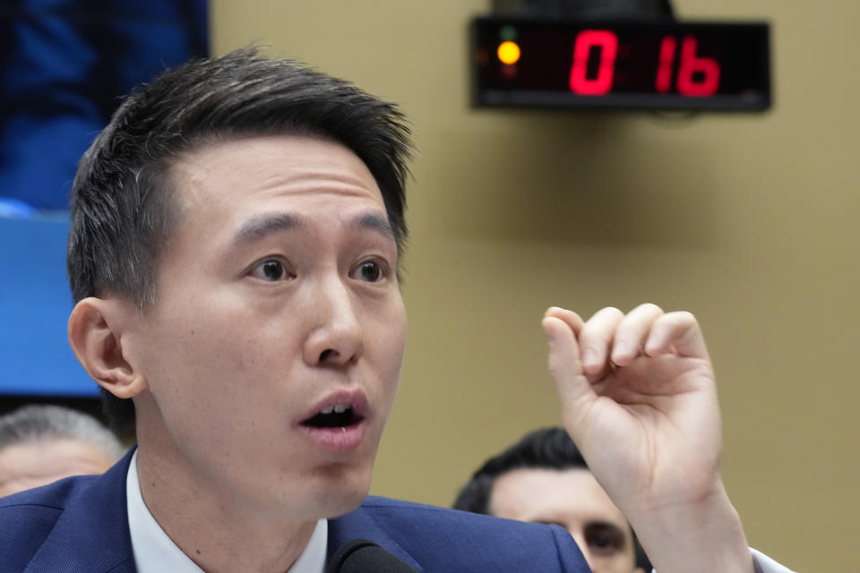 TikTok CEO Shou Zi Chew testifies during a hearing of the House Energy and Commerce Committee, on the platform's consumer privacy and data security practices and impact on children, Thursday, March 23, 2023, on Capitol Hill in Washington. (AP Photo/Alex Brandon)