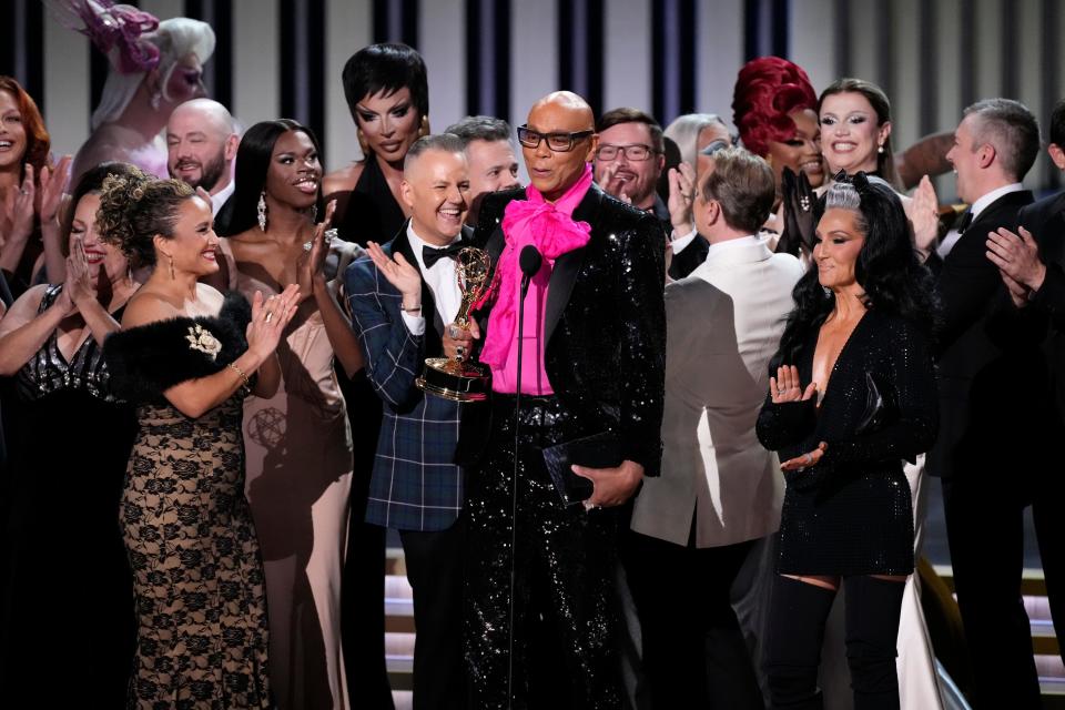 RuPaul Charles and the cast and crew of "RuPaul's Drag Race" accept the award for outstanding reality competition program during the 75th Emmy Awards at the Peacock Theater in Los Angeles on Monday, Jan. 15.