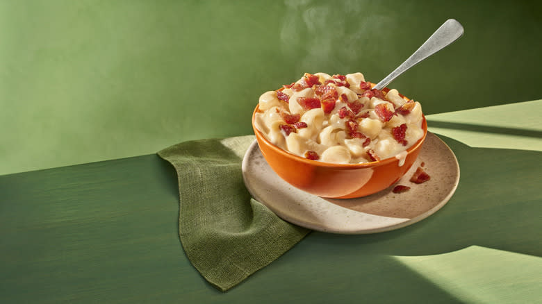 Steaming bowl of Bacon Mac & Cheese