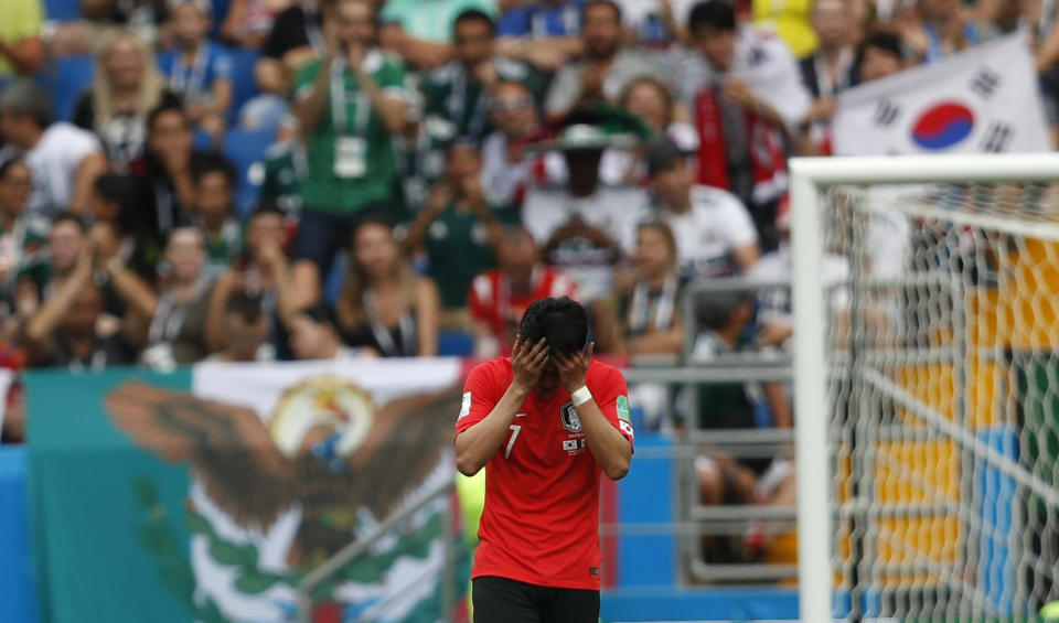 <p>South Korea’s Son Heung-min reacts during the group F match between Mexico and South Korea. </p>