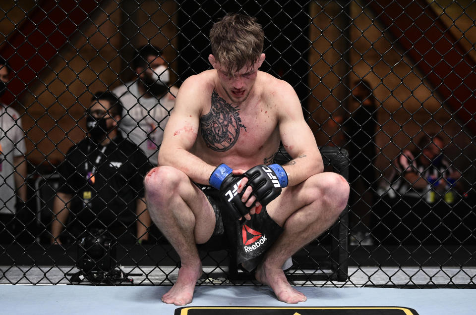 LAS VEGAS, NEVADA - JUNE 20: Max Rohskopf reacts after his loss to Austin Hubbard in their lightweight bout during the UFC Fight Night event  at UFC APEX on June 20, 2020 in Las Vegas, Nevada. (Photo by Chris Unger/Zuffa LLC)