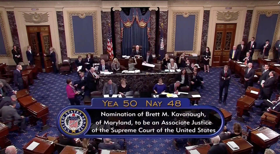 A still image taken from video of the final tally of votes by the U.S. Senate on the confirmation of Supreme Court nominee Judge Brett Kavanaugh, in Washington, Oct. 6, 2018. (Photo: Senate TV via Reuters)