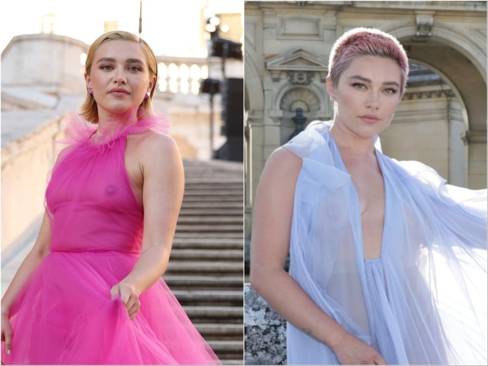 Pugh is credited as the current face of ‘naked fashion’, pictured at the Valentino show in 2022 and in 2023 (Getty Images)