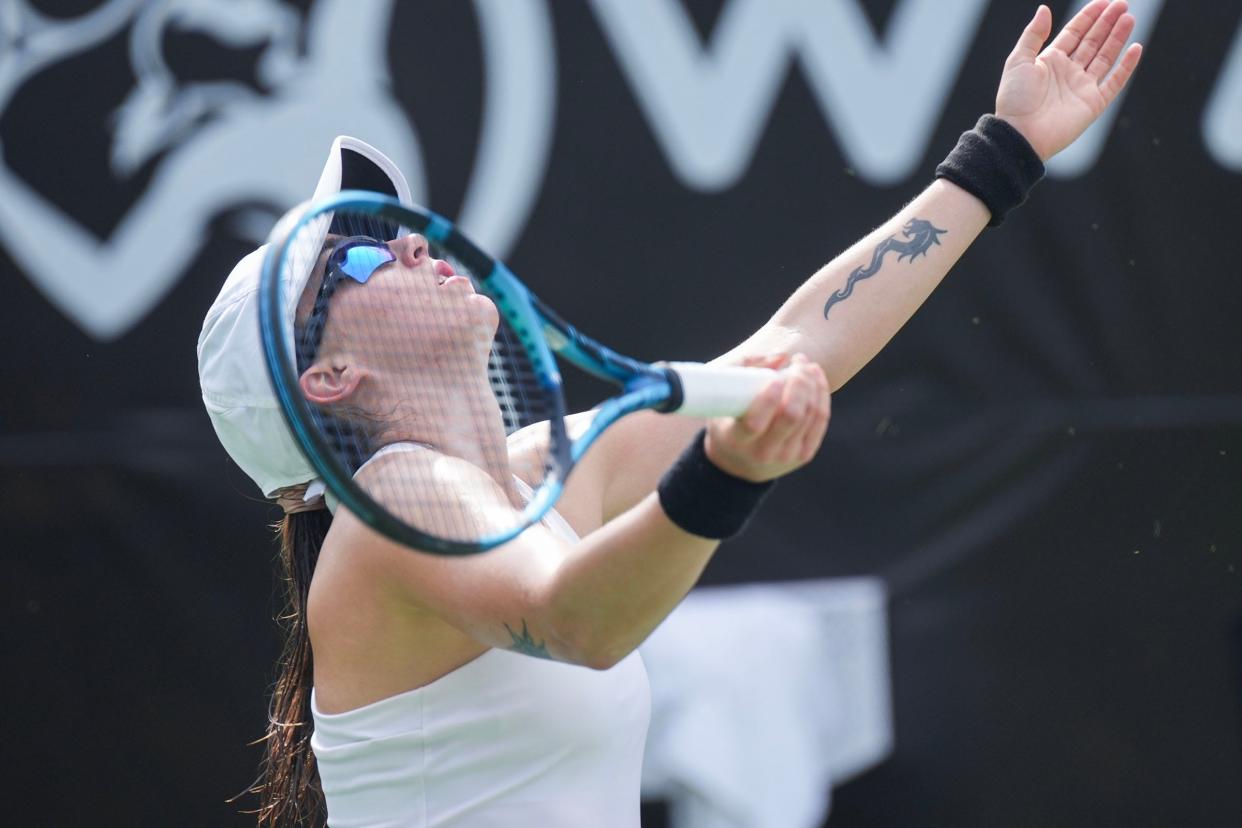 Mexico's Fernanda Contreras raises her hands in frustration during her three-set loss to American Taylor Townsend during their first-round singles match at the ATX Open at Westwood Country Club. For Contreras, it was a bittersweet week: she hails from Austin, and the former Westlake star was playing in her first pro tournament in her hometown.