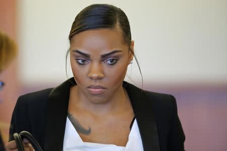 Shayanna Jenkins, fiancee of former New England Patriots NFL football player Aaron Hernandez, stands during a pre-trial hearing in Fall River, Massachusetts December 22, 2014. REUTERS/Brian Snyder