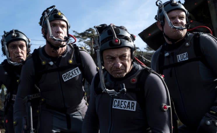 Andy Serkis and castmates on the set of ‘War for the Planet of the Apes’ (Fox)