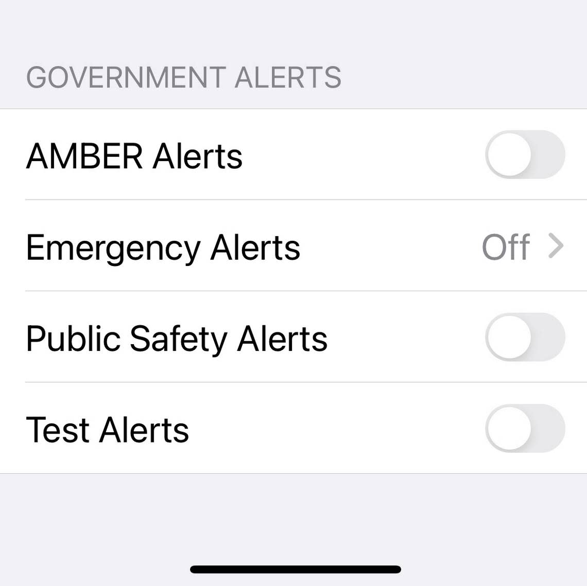 Notification settings on an iPhone with government alerts clicked off.