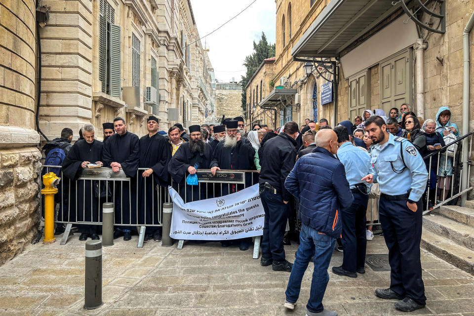 Christian worshippers are kept away from the Church of the Holy Sepulchre by Israel Police in the Christian Quarter of the Old City of Jerusalem on April 15, 2023. (Josh Lederman / NBC News)