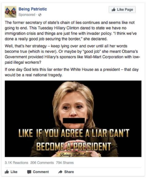 This anti-Hillary Clinton ad focused on immigration and&nbsp;was aimed at members of the "Being Patriotic" Facebook page and their friends.