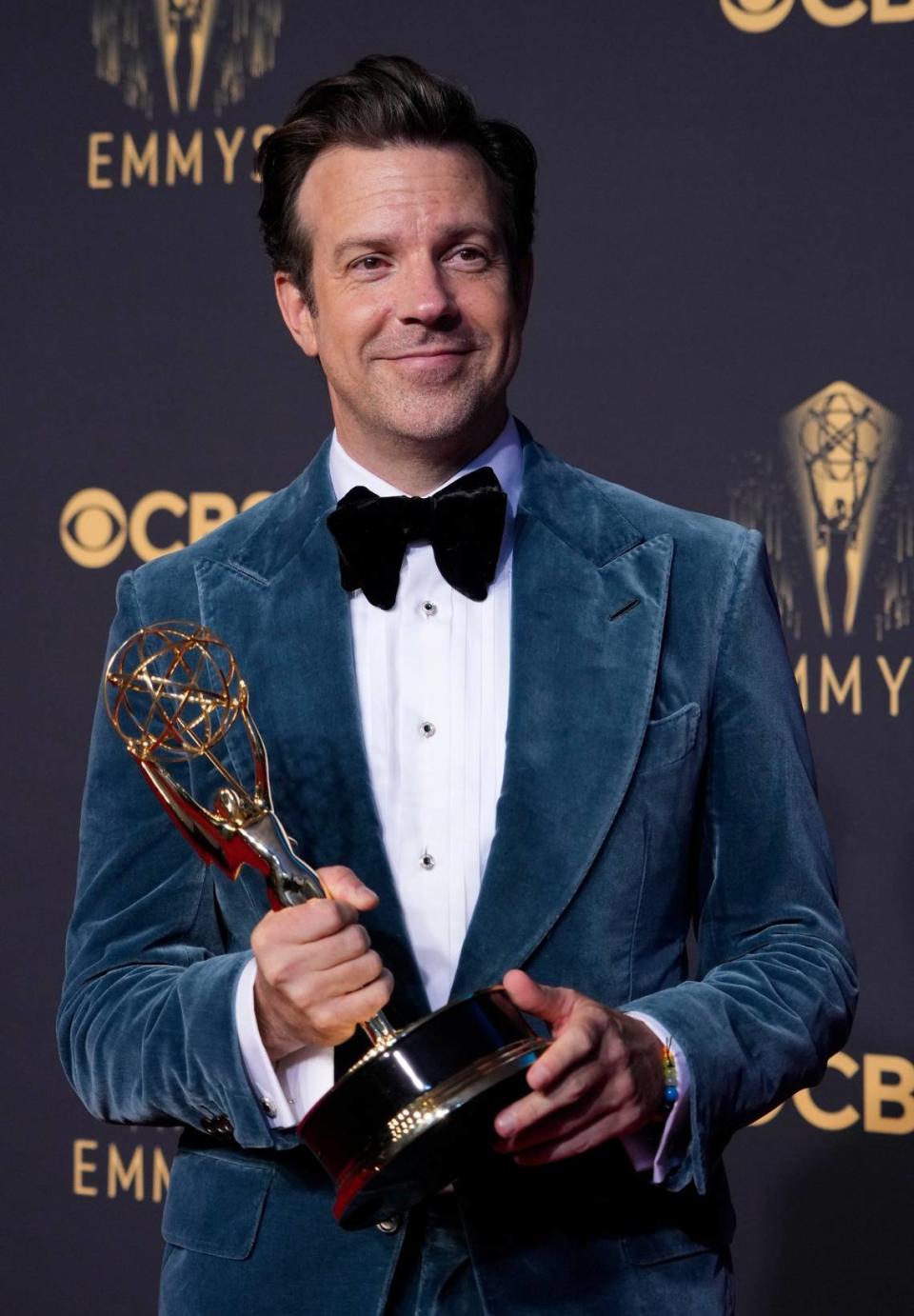 Jason Sudeikis, dressed in teal velvet, won best actor in a comedy series for “Ted Lasso” at the 2021 Emmy Awards.