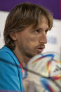 Croatia's Luka Modric speaks during a news conference on the eve of the quarterfinal World Cup soccer match between Croatia and Brazil, in Doha, Qatar, Thursday, Dec. 8, 2022. (AP Photo/Darko Bandic)