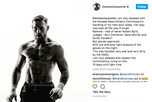 McGregor's Instagram response to change of glove size. Pic: Instagram