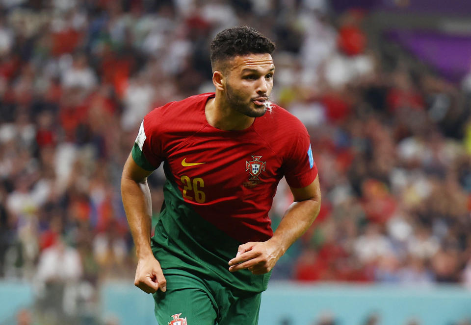 Portugal lo gana. Gonçalo Ramos festejando su gol contra Suiza en Qatar 2022. (REUTERS/Kai Pfaffenbach)