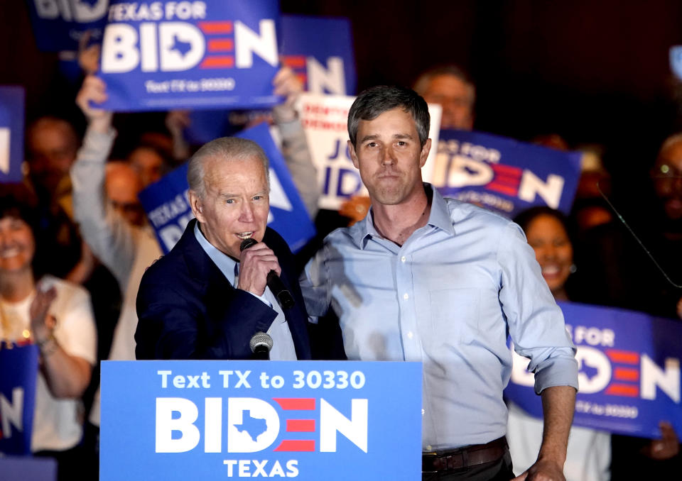 Former 2020 U.S. Democratic presidential candidate Rep. Beto O'Rourke endorses former Vice President and Democratic 2020 U.S. presidential candidate Joe Biden for president at a campaign event at Gilley's in Dallas, Texas on March 2, 2020. (Eric Thayer/Reuters)