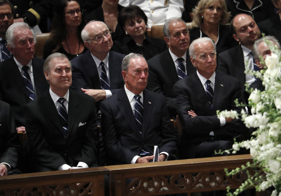 Front from left, former Defense Secretary William Cohen, former New York Mayor Michael Bloomberg and former Vice President Joe Biden listen during a memorial service for Sen. John McCain, R-Ariz., at Washington National Cathedral in Washington, Saturday, Sept. 1, 2018. McCain died Aug. 25, from brain cancer at age 81. Back row, second from right is former Texas Senator Phil Gramm and third from left is former Wisconsin Sen. Russ Feingold. (AP Photo/Pablo Martinez Monsivais)