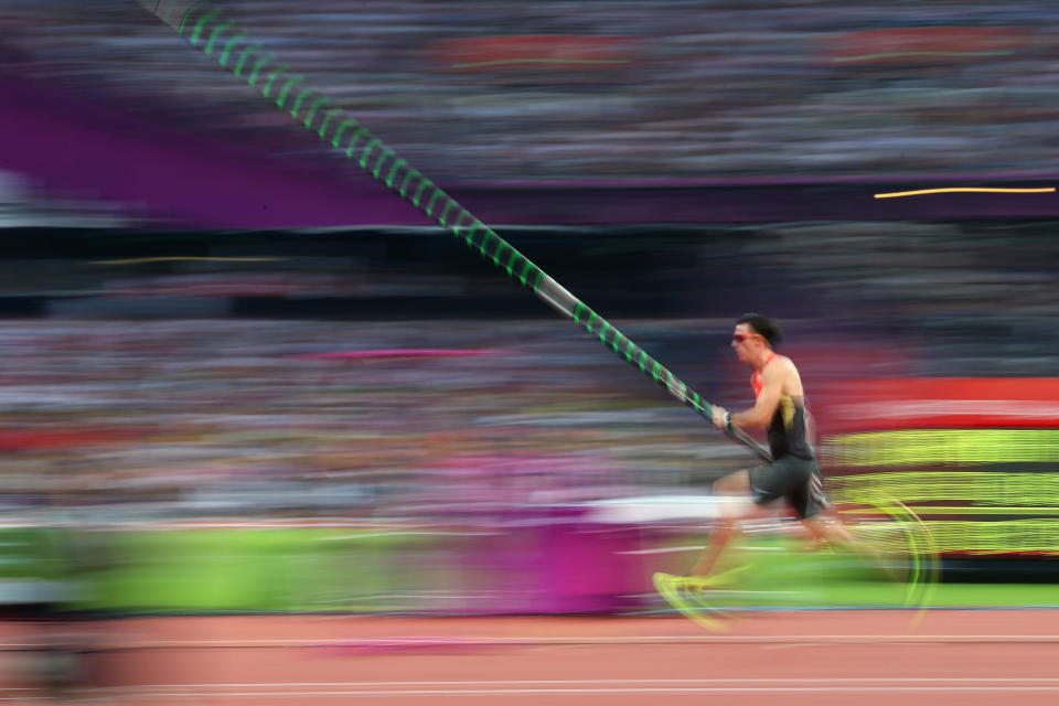 Malte Mohr of Germany competes during the Men's Pole Vault Final on Day 14 of the London 2012 Olympic Games at Olympic Stadium on August 10, 2012 in London, England. (Photo by Alex Livesey/Getty Images)