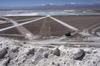 A truck drives through the Albemarle lithium mine in Chile's Atacama desert, Monday, April 17, 2023. (AP Photo/Rodrigo Abd)