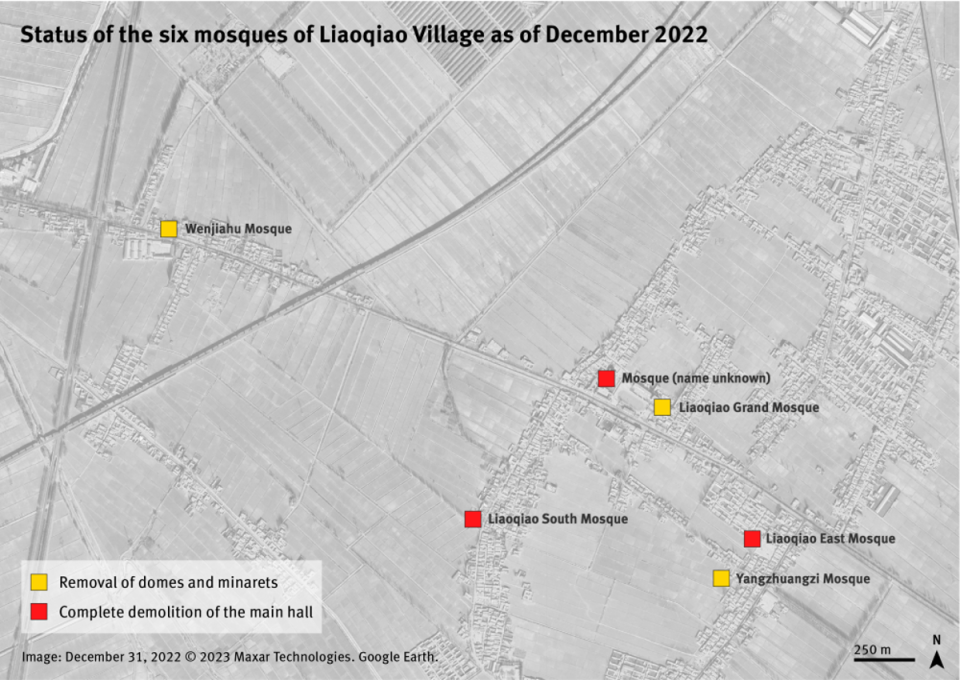 Status of the six mosques of Liaoqiao village in December 2022 (Human Rights Watch/ Maxar)