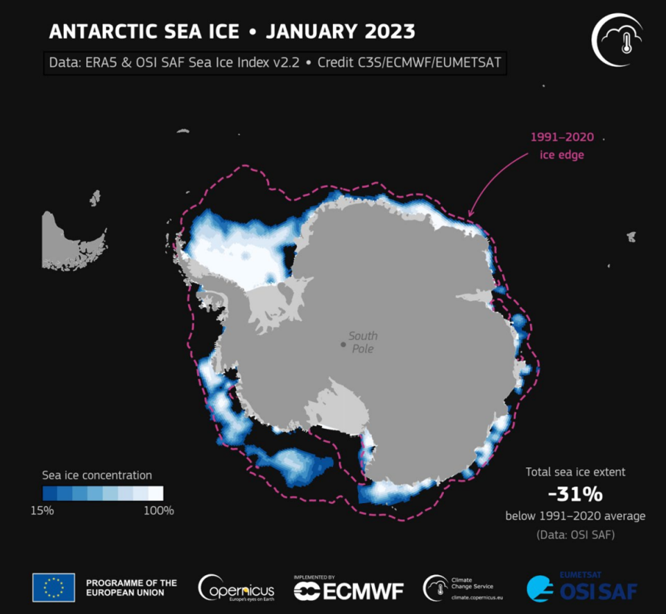 Monthly mean sea ice concentrations around Antarctica in 2023. The average sea ice edge for each month during the 1991–2020 reference period is shown with a dashed magenta line (C3S/ECMWF/EUMETSAT)