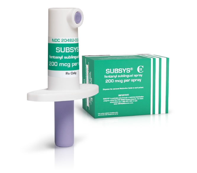 A Subsys sublingual spray cartridge next to its packaging.