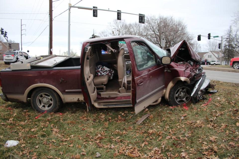 A suspect's pickup truck was heavily damaged after it fled from Independence police and struck an SUV on Jan. 26, 2019. The crash injured the truck's driver, a child in the truck and two people in the SUV.