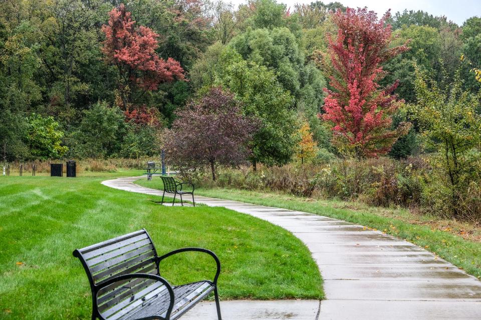Fall colors are just starting to turn at Crego Park in Lansing on Saturday, Oct. 14, 2023.