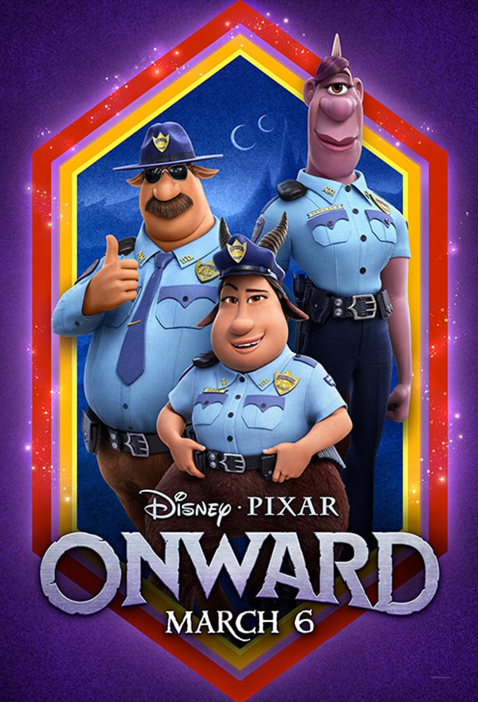 Officer Specter (Lena Waithe), Colt Bronco (Mel Rodriguez) and Officer Gore (Ali Wong) in a poster for Onward. (Disney)