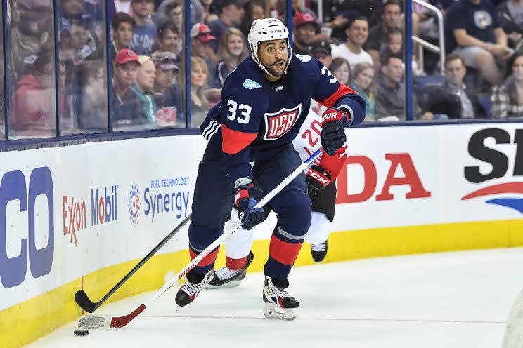 COLUMBUS, OH - SEPTEMBER 9: Dustin Byfuglien #33 of Team USA skates with the puck against Team Canada on September 9, 2016 at Nationwide Arena in Columbus, Ohio. (Photo by Jamie Sabau/World Cup of Hockey via Getty Images)