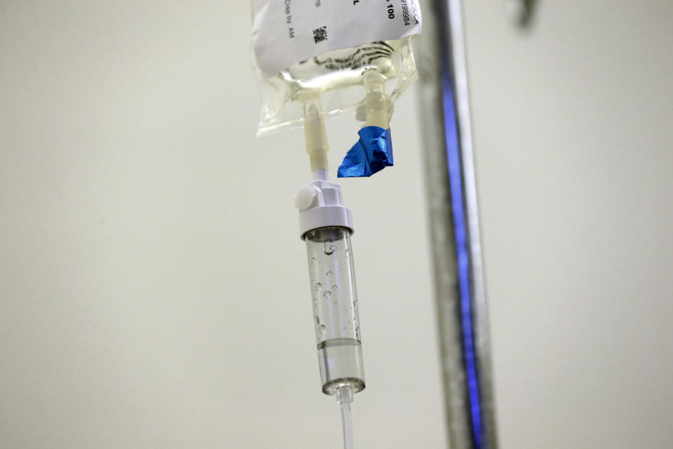 <p> FILE - In this May 25, 2017 file photo, chemotherapy drugs are administered to a patient at a hospital in Chapel Hill, N.C. The U.S. cancer death rate has been falling between 1991 and 2016, and so far there’s little sign the decline is slowing, according to a report released on Tuesday, Jan. 8, 2019. (AP Photo/Gerry Broome) </p>