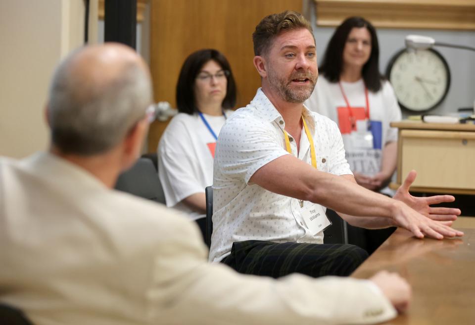 Troy Williams, Equality Utah executive director, talks about the “Utah Way” during a breakout session with Paul Edwards, executive director at BYU’s Wheatley Institute, at the Braver Angels National Convention at Gettysburg College in Gettysburg, Pa., on Friday, July 7, 2023. | Kristin Murphy, Deseret News