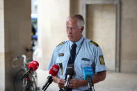 Copenhagen Police Chief Inspector Soeren Thomassen prepares to speak regarding the shooting at the Field's Shopping Center during press conference at the Police Station in Copenhagen, Denmark, Sunday, July 3, 2022. Danish police said Sunday that several people were shot at a Copenhagen shopping mall, one of the largest in Scandinavia. Copenhagen police said that one person has been arrested in connection with the shooting at the Field’s shopping mall, which is close to the city's airport. Police tweeted that “several people have been hit,” but gave no other details. (Emil Helms /Ritzau Scanpix via AP)