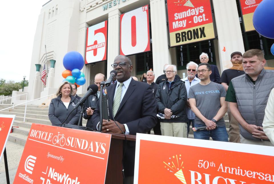 Westchester Deputy County Executive Ken Jenkins speaks during a celebration of the 50th anniversary of Bicycle Sundays on the Bronx River Parkway at the Westchester County Center in White Plains May 3, 2024.