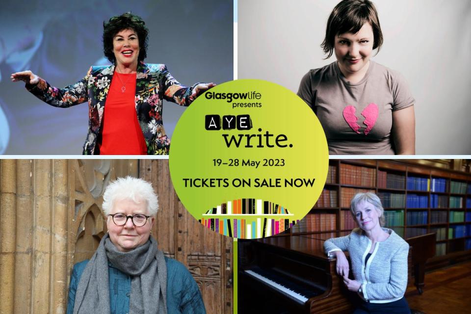 Montage of Ruby Wax, Josie Long, Val McDermid, Sally Magnusson and Aye Write 2023 logo <i>(Image: Newsquest)</i>