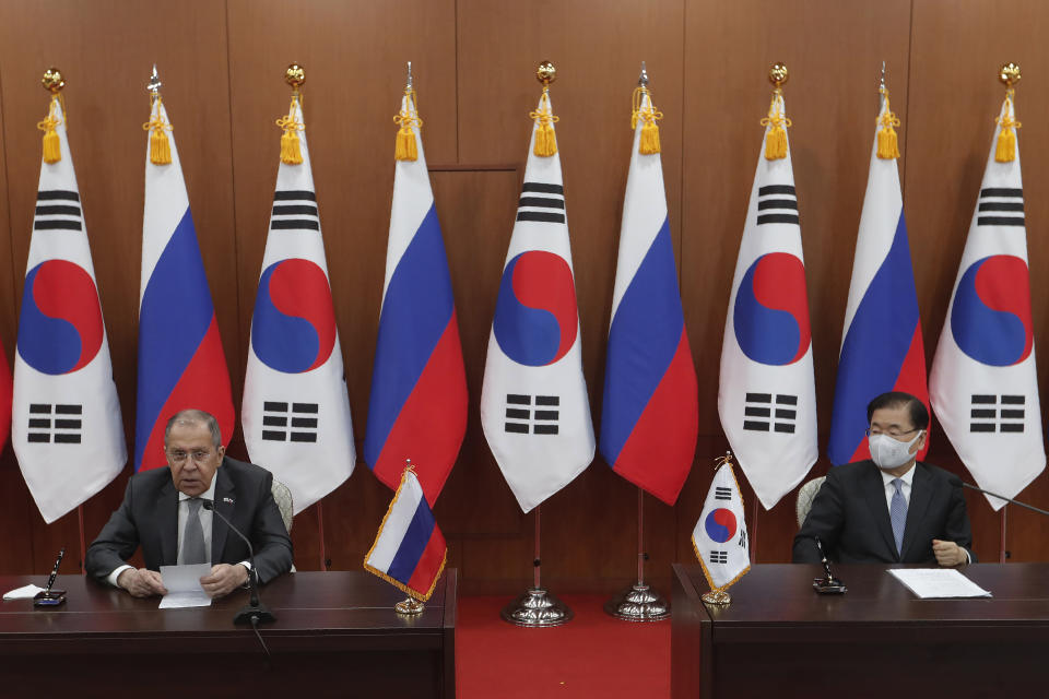 Russian Foreign Minister Sergey Lavrov, left, speaks during a joint announcement with South Korean Foreign Minister Chung Eui-yong at the Foreign Ministry in Seoul, South Korea, Thursday, March 25, 2021. (AP Photo/Ahn Young-joon, Pool)