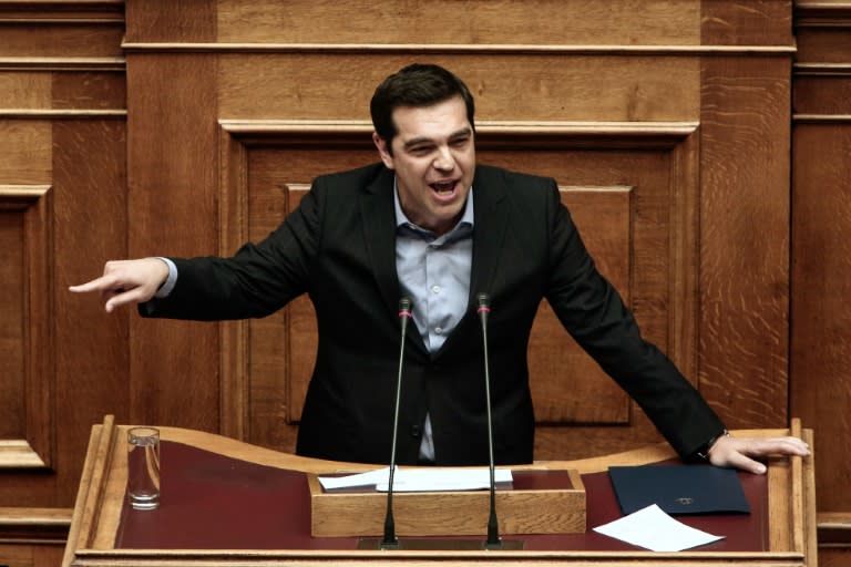 Greek Prime Minister Alexis Tsipras delivers a speech during a parliamentary session in Athens on May 8, 2016