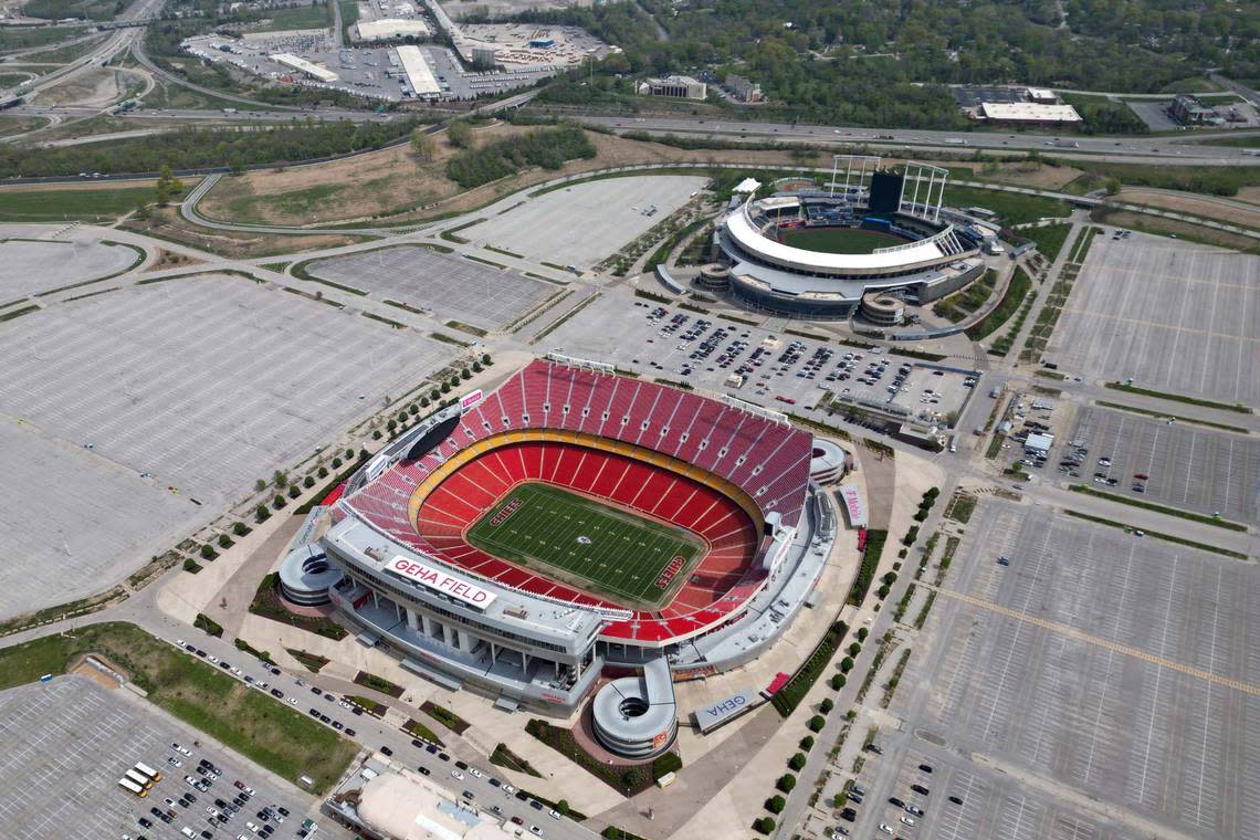 An aerial view of Arrowhead Stadium (bottom) and Kauffman Stadium at the Truman Sports Complex in Kansas City, Mo., on April 26, 2023.