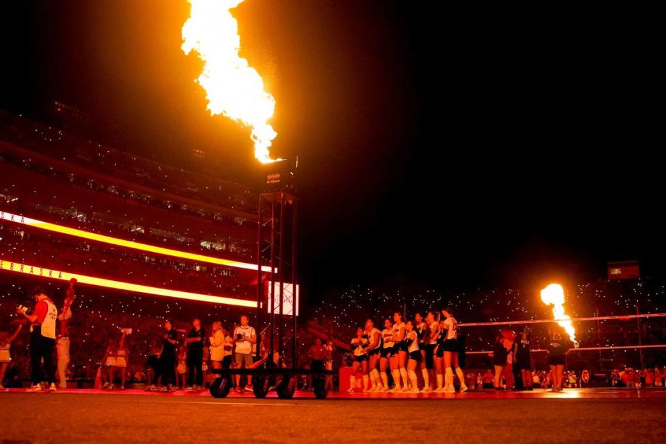 Aug 30, 2023; Lincoln, NE, USA; Pyrotechnics are used during a presentation after the Nebraska Cornhuskers defeated the Omaha Mavericks at Memorial Stadium. Mandatory Credit: Dylan Widger-USA TODAY Sports