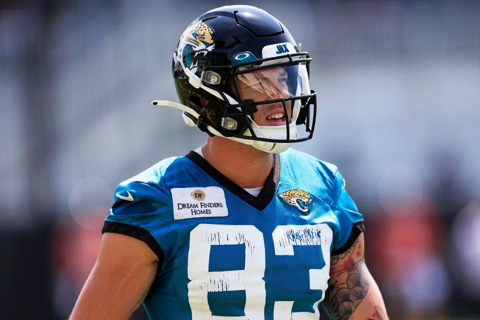 Jacksonville Jaguars wide receiver Jacob Harris (83) looks on Monday, Aug. 14, 2023 at Miller Electric Center at EverBank Stadium in Jacksonville, Fla. Today was the 14th training camp session. 